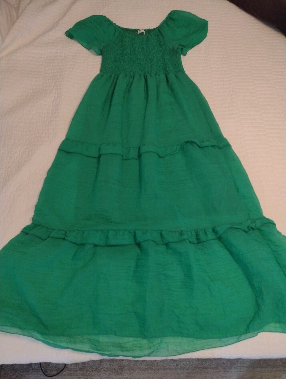 Anthropologie Kindred L Tiered Maxi Dress Elastic Neck Smocked Kelly Green - Picture 9 of 10